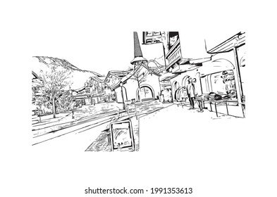 Building View With Landmark Of Gstaad Is A Town In Switzerland. Hand Drawn Sketch Illustration In Vector.