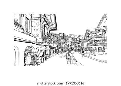 Building View With Landmark Of Gstaad Is A Town In Switzerland. Hand Drawn Sketch Illustration In Vector.