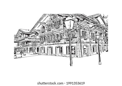 Building View With Landmark Of Gstaad Is A Town In Switzerland. Hand Drawn Sketch Illustration In Vector.