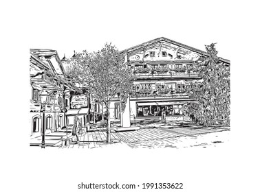 Building View With Landmark Of Gstaad Is A Town In Switzerland. Hand Drawn Sketch Illustration In Vector.