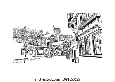 Building View With Landmark Of Gstaad Is A Town In Switzerland. Hand Drawn Sketch Illustration In Vector.