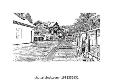 Building View With Landmark Of Gstaad Is A Town In Switzerland. Hand Drawn Sketch Illustration In Vector.