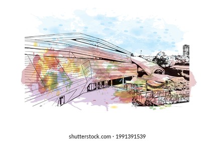 Building view with landmark of Guadalajara is a city in western Mexico. Watercolor splash with hand drawn sketch illustration in vector.