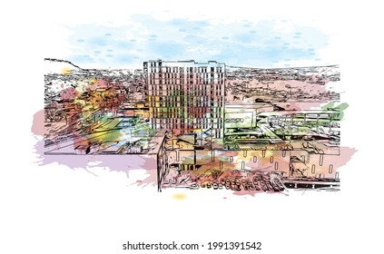 Building view with landmark of Guadalajara is a city in western Mexico. Watercolor splash with hand drawn sketch illustration in vector.