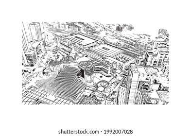 Building view with landmark of Guangzhou is the 
city in China. Hand drawn sketch illustration in vector.