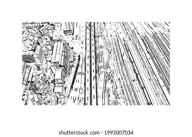 Building view with landmark of Guangzhou is the 
city in China. Hand drawn sketch illustration in vector.
