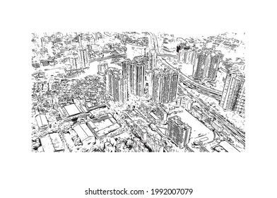 Building view with landmark of Guangzhou is the 
city in China. Hand drawn sketch illustration in vector.