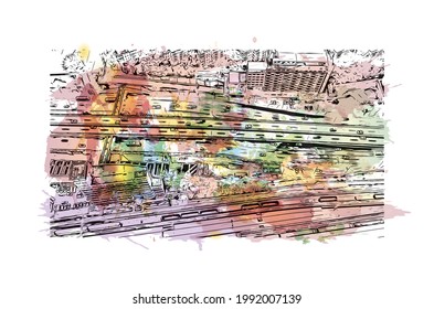 Building view with landmark of Guangzhou is the 
city in China. Watercolor splash with hand drawn sketch illustration in vector.