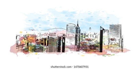 Building view with landmark of Guangzhou is a sprawling port city northwest of Hong Kong on the Pearl River. Watercolor splash with Hand drawn sketch illustration in vector.