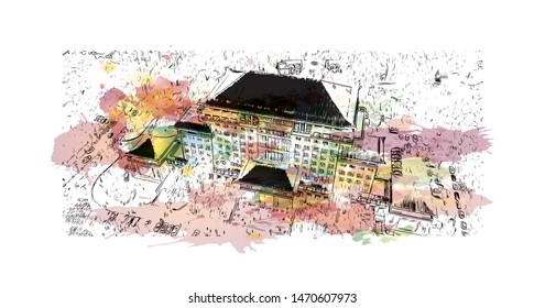 Building view with landmark of Guangzhou is a sprawling port city northwest of Hong Kong on the Pearl River. Watercolor splash with Hand drawn sketch illustration in vector.