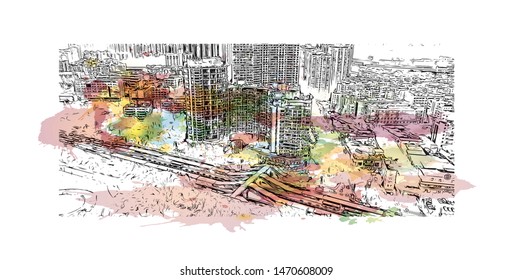 Building view with landmark of Guangzhou is a sprawling port city northwest of Hong Kong on the Pearl River. Watercolor splash with Hand drawn sketch illustration in vector.