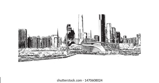 Building view with landmark of Guangzhou is a sprawling port city northwest of Hong Kong on the Pearl River. Hand drawn sketch illustration in vector.