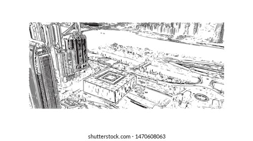 Building view with landmark of Guangzhou is a sprawling port city northwest of Hong Kong on the Pearl River. Hand drawn sketch illustration in vector.