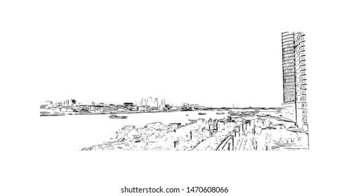Building view with landmark of Guangzhou is a sprawling port city northwest of Hong Kong on the Pearl River. Hand drawn sketch illustration in vector.