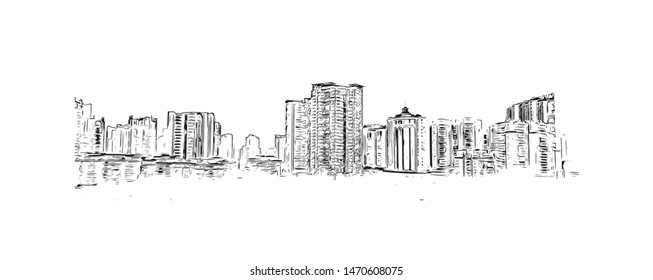 Building view with landmark of Guangzhou is a sprawling port city northwest of Hong Kong on the Pearl River. Hand drawn sketch illustration in vector.