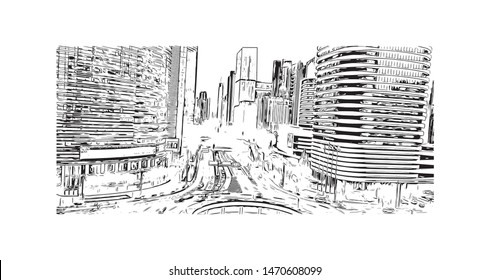 Building view with landmark of Guangzhou is a sprawling port city northwest of Hong Kong on the Pearl River. Hand drawn sketch illustration in vector.