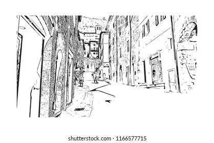 Building view with landmark of Gubbio is a medieval town in central Italy. Hand drawn sketch illustration in vector.