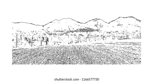 Building view with landmark of Gubbio is a medieval town in central Italy. Hand drawn sketch illustration in vector.