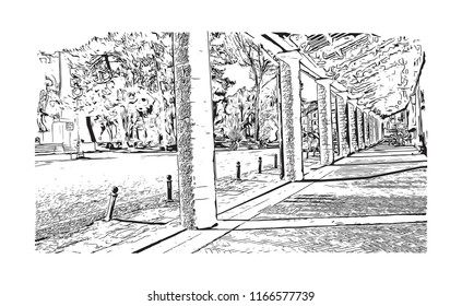 Building view with landmark of Gubbio is a medieval town in central Italy. Hand drawn sketch illustration in vector.