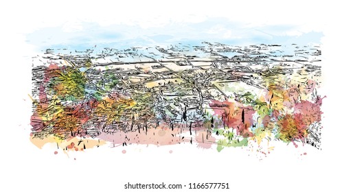 Building view with landmark of Gubbio is a medieval town in central Italy. Watercolor splash with hand drawn sketch illustration in vector.