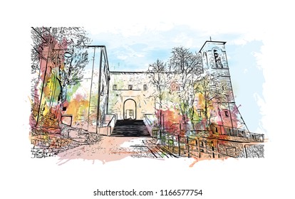 Building view with landmark of Gubbio is a medieval town in central Italy. Watercolor splash with hand drawn sketch illustration in vector.
