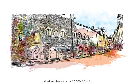 Building view with landmark of Gubbio is a medieval town in central Italy. Watercolor splash with hand drawn sketch illustration in vector.