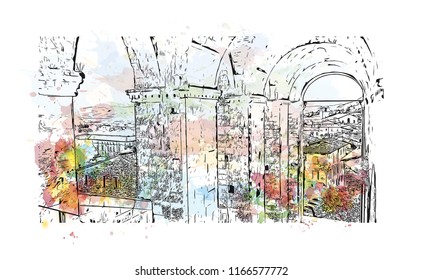 Building view with landmark of Gubbio is a medieval town in central Italy. Watercolor splash with hand drawn sketch illustration in vector.