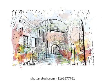 Building view with landmark of Gubbio is a medieval town in central Italy. Watercolor splash with hand drawn sketch illustration in vector.