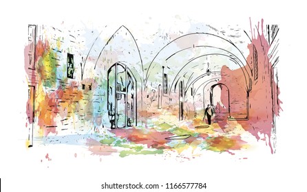 Building view with landmark of Gubbio is a medieval town in central Italy. Watercolor splash with hand drawn sketch illustration in vector.