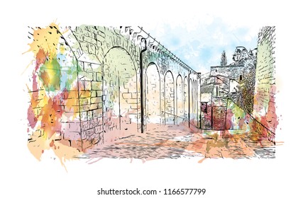 Building view with landmark of Gubbio is a medieval town in central Italy. Watercolor splash with hand drawn sketch illustration in vector.