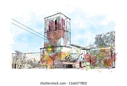 Building view with landmark of Gubbio is a medieval town in central Italy. Watercolor splash with hand drawn sketch illustration in vector.