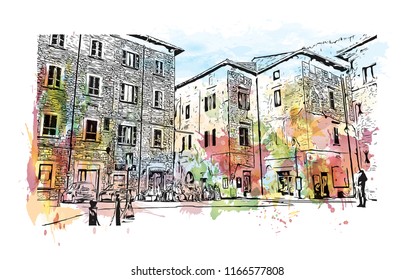 Building view with landmark of Gubbio is a medieval town in central Italy. Watercolor splash with hand drawn sketch illustration in vector.
