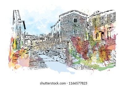 Building view with landmark of Gubbio is a medieval town in central Italy. Watercolor splash with hand drawn sketch illustration in vector.