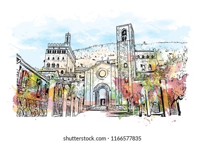 Building view with landmark of Gubbio is a medieval town in central Italy. Watercolor splash with hand drawn sketch illustration in vector.
