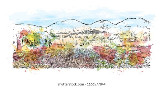 Building view with landmark of Gubbio is a medieval town in central Italy. Watercolor splash with hand drawn sketch illustration in vector.
