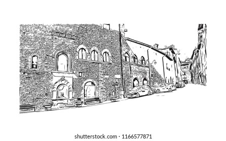 Building view with landmark of Gubbio is a medieval town in central Italy. Hand drawn sketch illustration in vector.