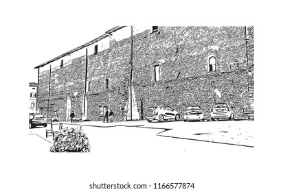 Building view with landmark of Gubbio is a medieval town in central Italy. Hand drawn sketch illustration in vector.