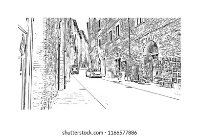 Building view with landmark of Gubbio is a medieval town in central Italy. Hand drawn sketch illustration in vector.