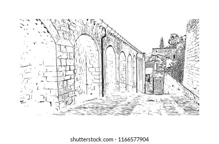 Building view with landmark of Gubbio is a medieval town in central Italy. Hand drawn sketch illustration in vector.