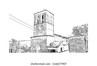 Building view with landmark of Gubbio is a medieval town in central Italy. Hand drawn sketch illustration in vector.