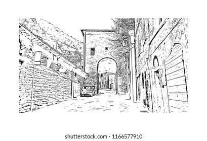 Building view with landmark of Gubbio is a medieval town in central Italy. Hand drawn sketch illustration in vector.