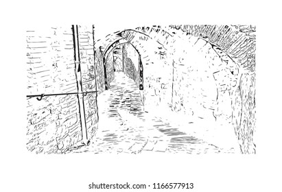 Building view with landmark of Gubbio is a medieval town in central Italy. Hand drawn sketch illustration in vector.