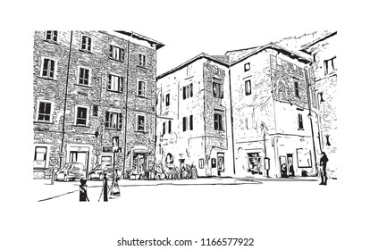 Building view with landmark of Gubbio is a medieval town in central Italy. Hand drawn sketch illustration in vector.