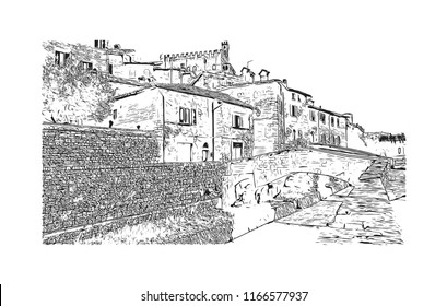 Building view with landmark of Gubbio is a medieval town in central Italy. Hand drawn sketch illustration in vector.