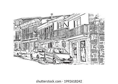 Building view with landmark of Guimaraes is a city in northern Portugal. Hand drawn sketch illustration in vector.