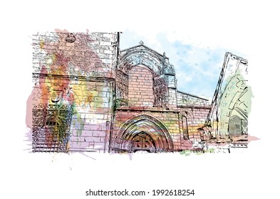 Building view with landmark of Guimaraes is a city in northern Portugal. Watercolor splash with hand drawn sketch illustration in vector.
