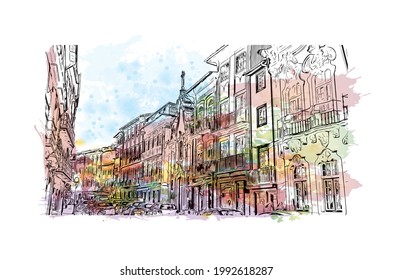 Building view with landmark of Guimaraes is a city in northern Portugal. Watercolor splash with hand drawn sketch illustration in vector.