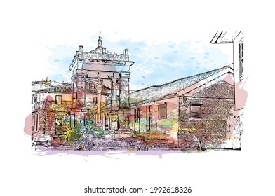 Building view with landmark of Guimaraes is a city in northern Portugal. Watercolor splash with hand drawn sketch illustration in vector.