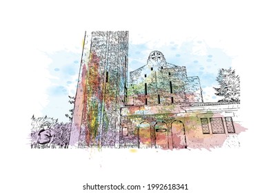 Building view with landmark of Guimaraes is a city in northern Portugal. Watercolor splash with hand drawn sketch illustration in vector.