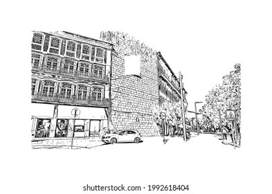 Building view with landmark of Guimaraes is a city in northern Portugal. Hand drawn sketch illustration in vector.